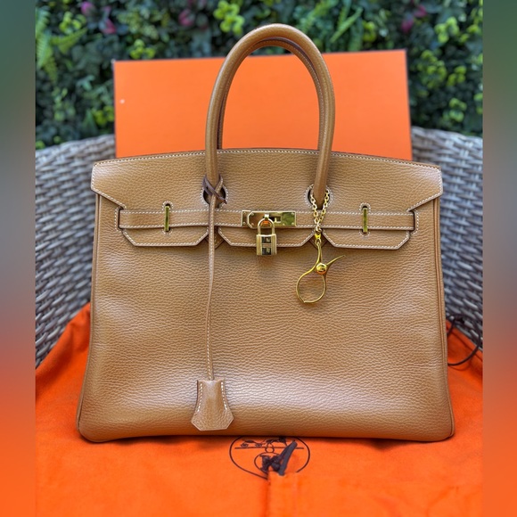 Hermes Handbags - Authentic HERMES BIRKIN 35 natural brown Togo leather gold hardware with charm